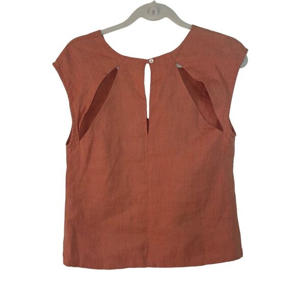 Lanhtropy Womens Top Size XS Brown Pearl Cut Outs V Neck Pure Linen New - Picture 2 of 6